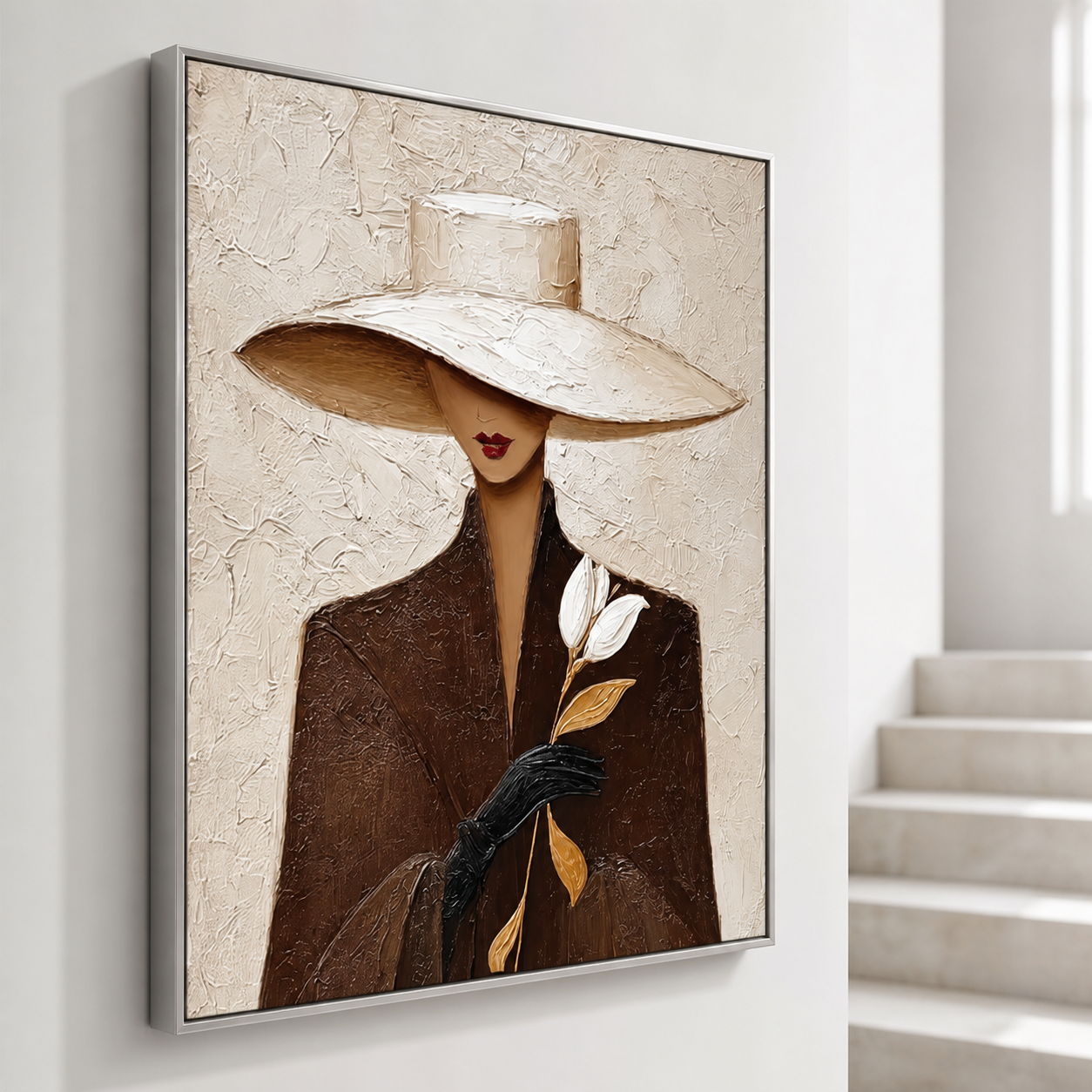 White Rose Romance - Brown Trench Coat Lady with Hat Oil Painting