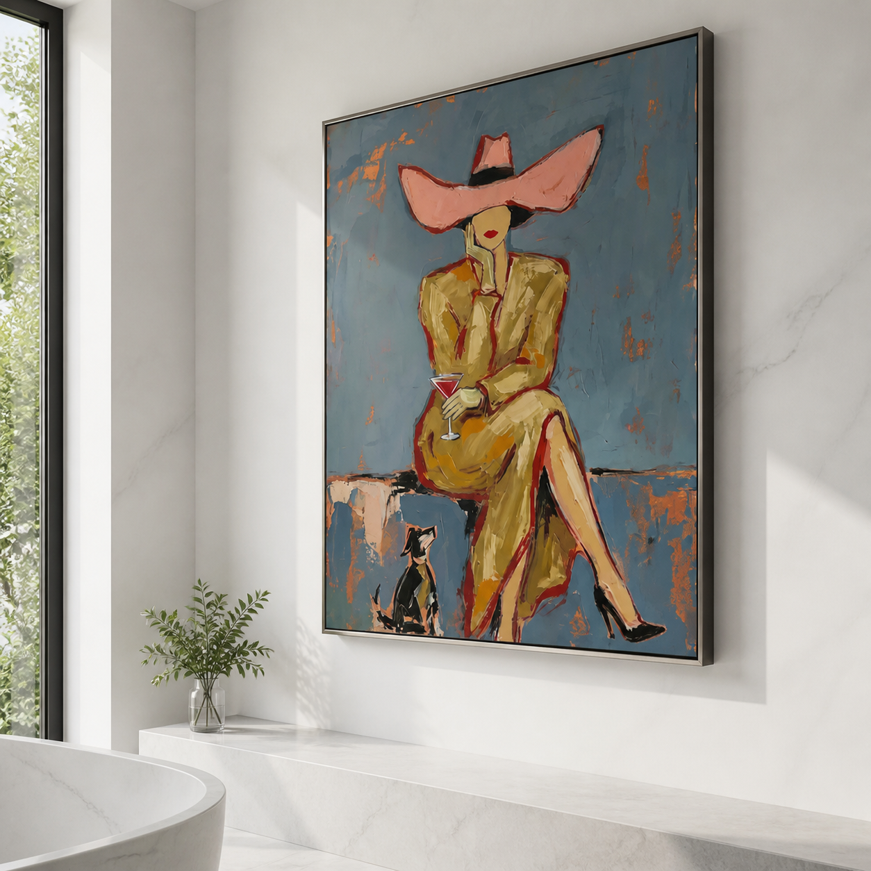 Parisian Afternoon - Elegant Lady with Martini & Dachshund Oil Painting
