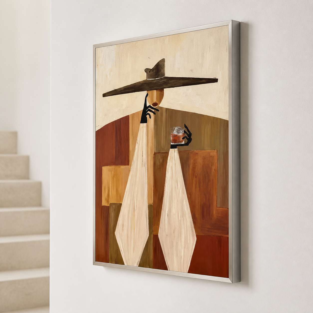 Terracotta Harmony - Geometric Earth Tones Lady with Cocktail Painting