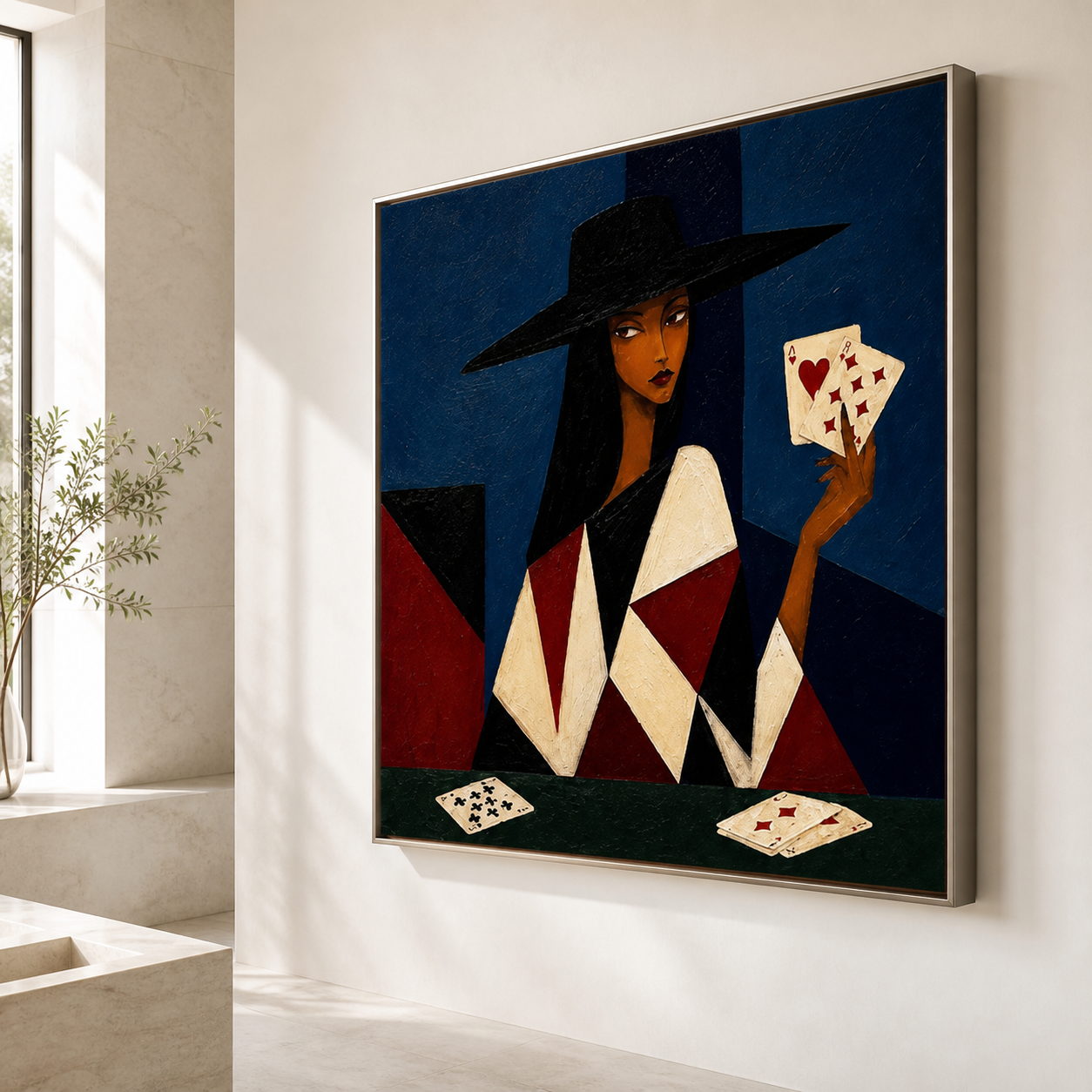 Queen of Hearts - Cubist Lady with Playing Cards Oil Painting