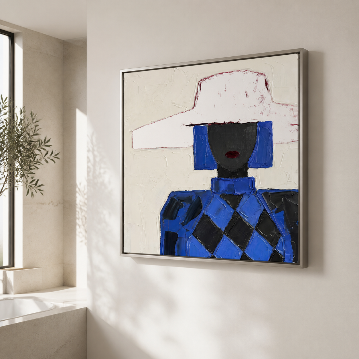 Cobalt Avant-Garde - Blue Diamond Pattern & White Hat Lady Painting