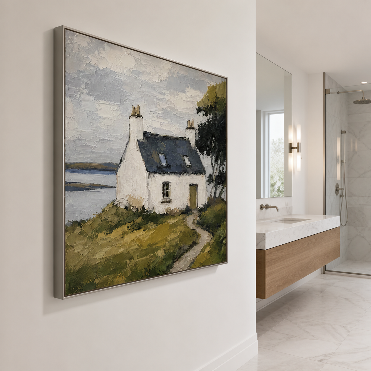 Highland Haven - Coastal White Cottage & Sea Impressionist Painting
