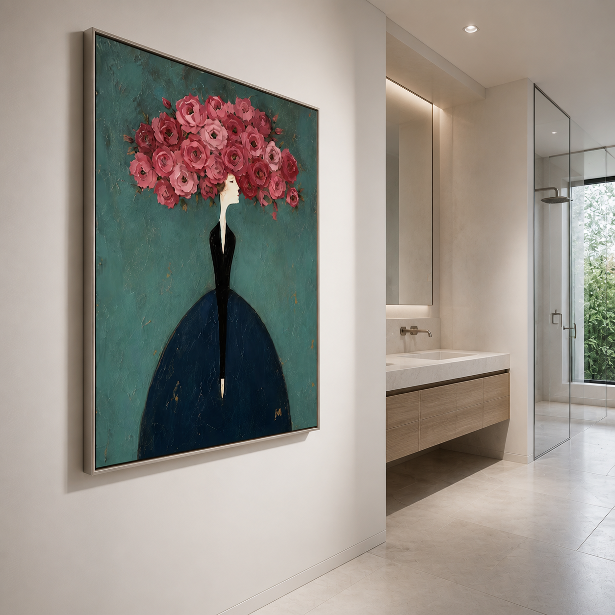 Flora Elegance - High Fashion Woman with Peony Crown Impasto Painting