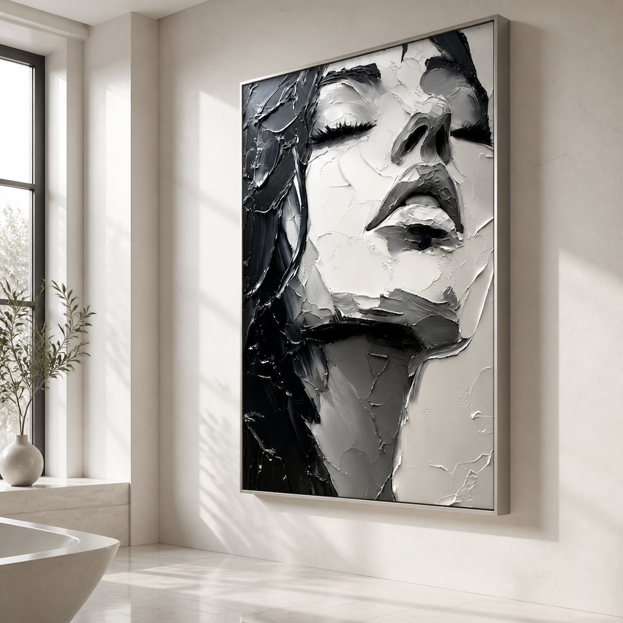 Sculptural Serenity - Heavy Impasto Black & White Woman Face Canvas