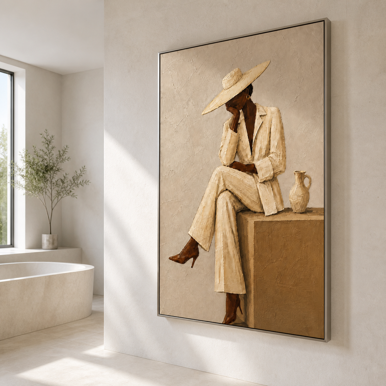 Casual Sophistication - Terracotta & Beige Seated Fashion Canvas