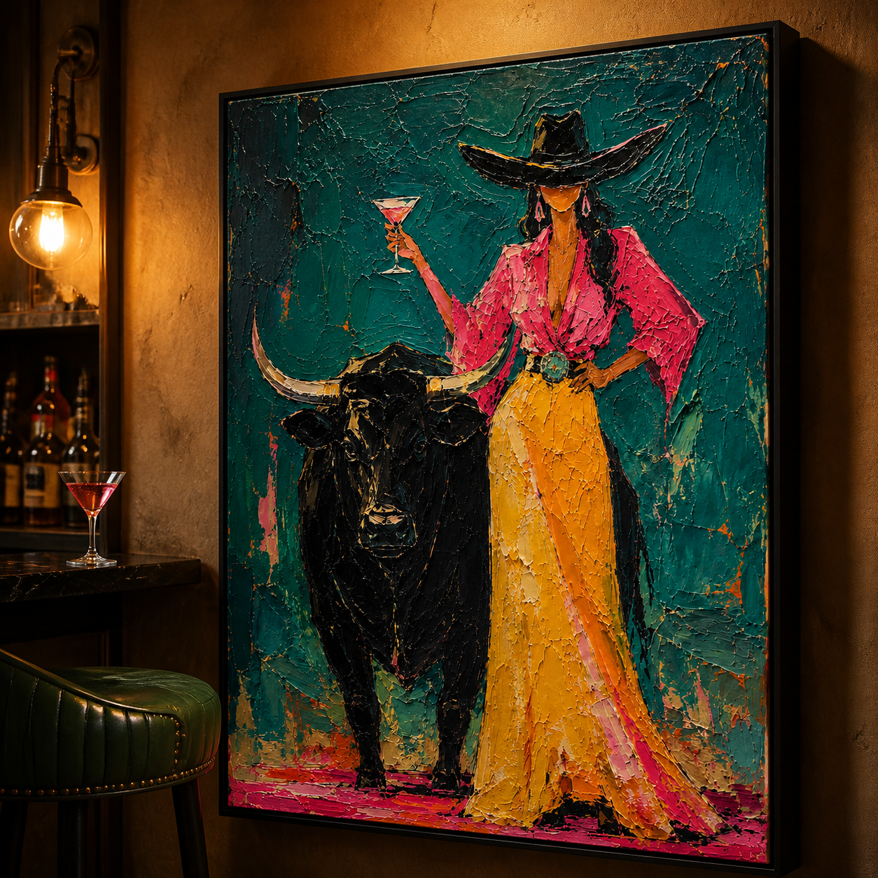 Bold Spirit - Cowgirl with Glass & Black Bull Textured Painting