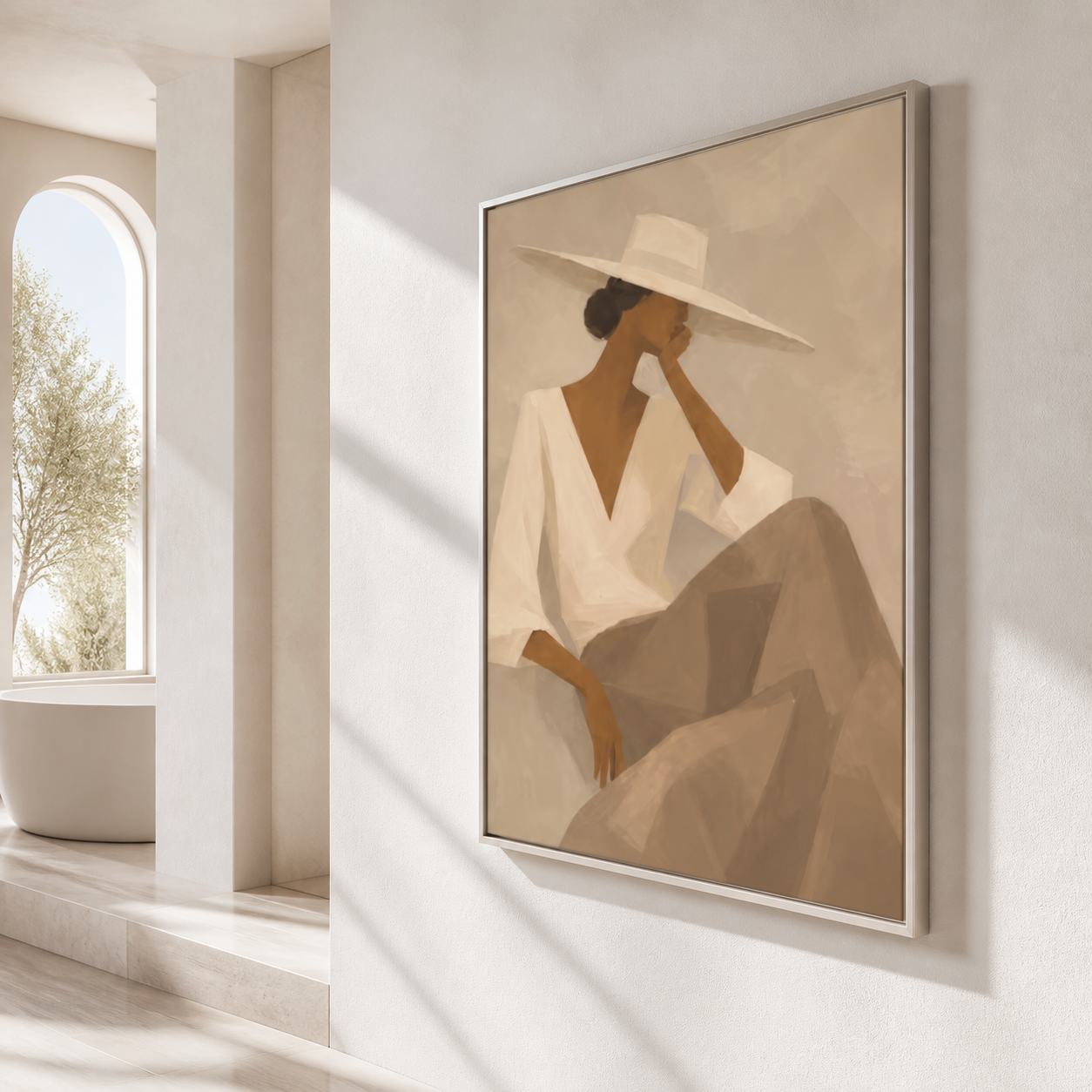 Tuscan Breeze - Minimalist Seated Woman in White V-Neck Canvas