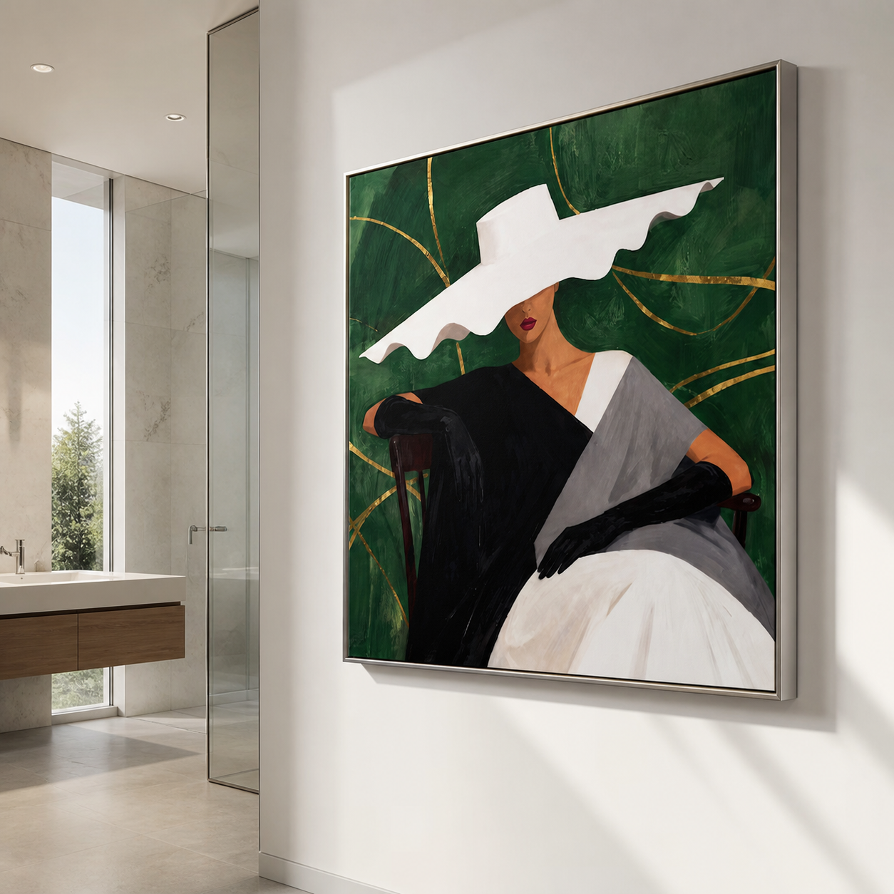 Emerald Empress - Wavy White Hat & Gold Foliage Canvas
