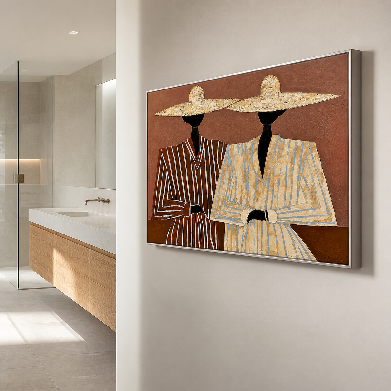 Desert Chic - Modern Straw Hat & Striped Suit Duo Canvas