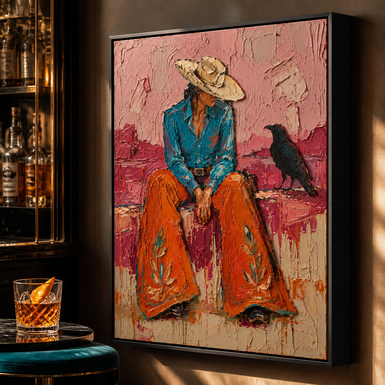 Desert Solitude - Cowgirl with Black Raven Textured Painting