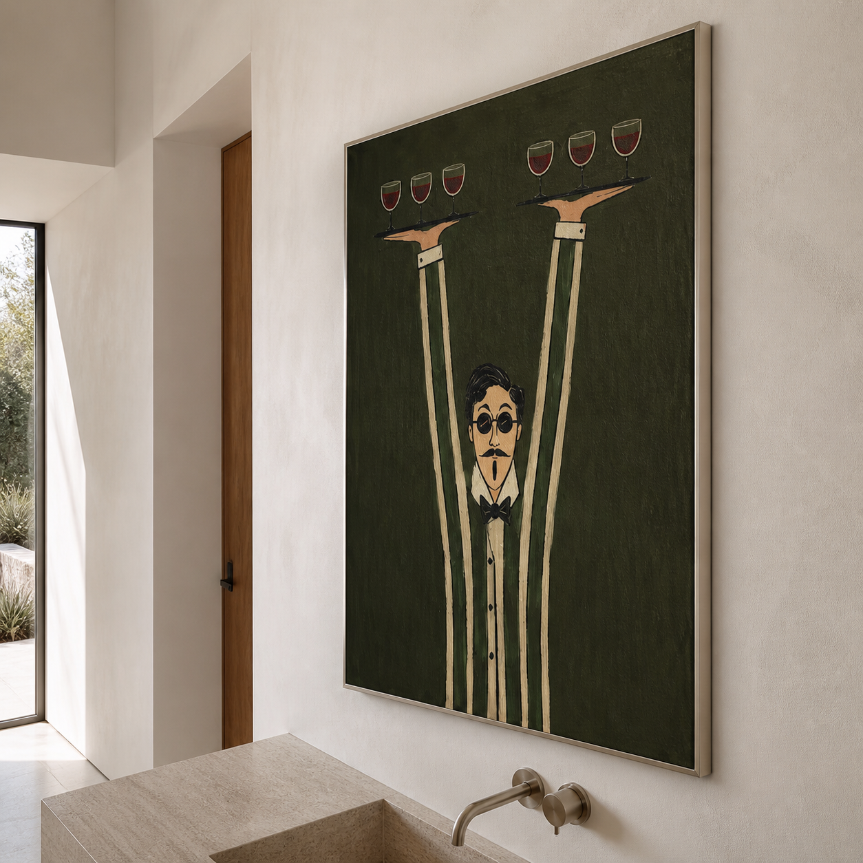 Grand Concierge - Whimsical Tall Waiter with Red Wine Canvas