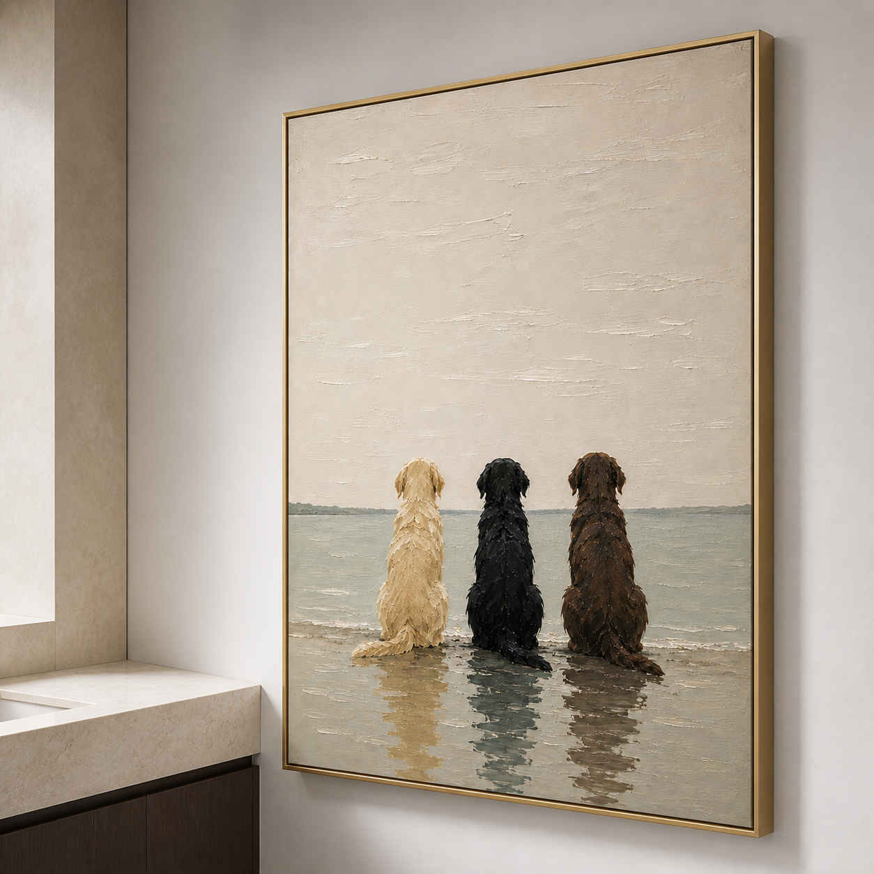 Three Faithful Friends - Trio Dogs Sitting by the Sea Impasto Canvas