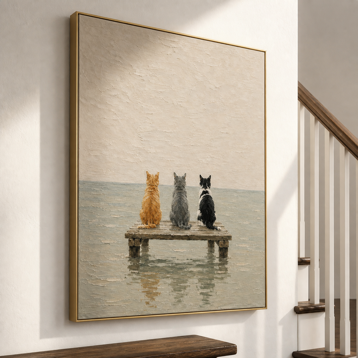 Coastal Watchers - Three Cats on Wooden Pier Canvas