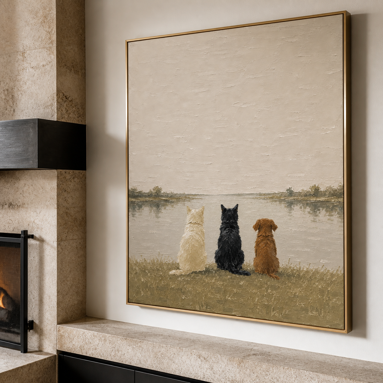 Lakeside Serenity - Trio Pet Backs on Grassy Shore Canvas