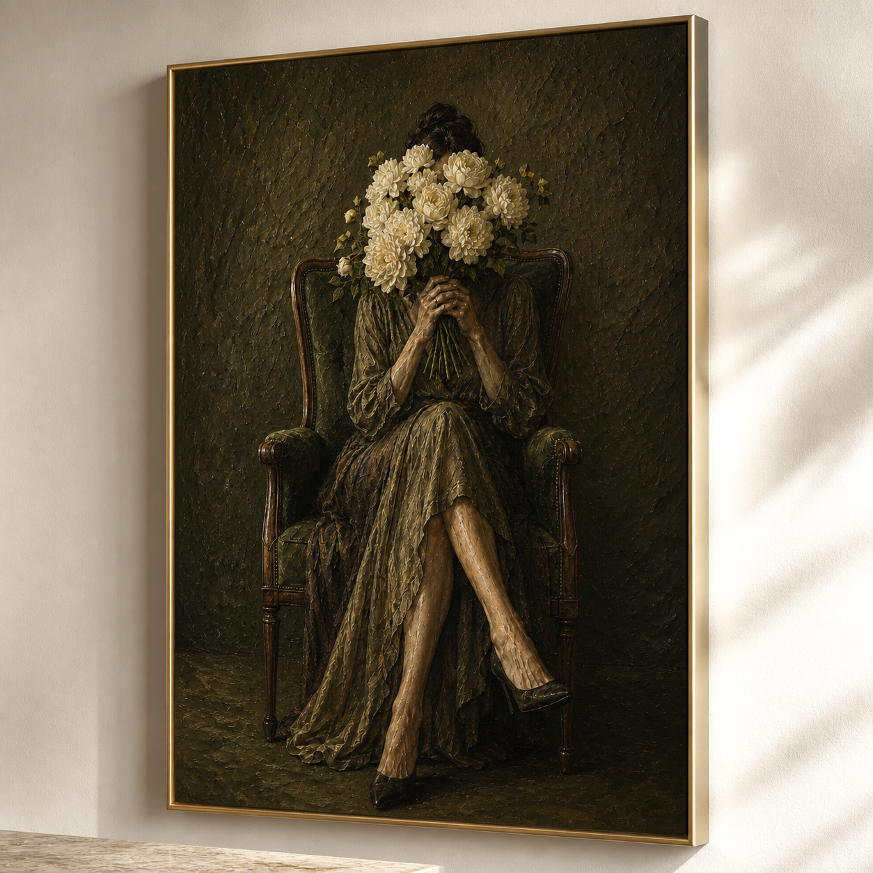 Velvet Reverie - Dark Olive Moody Floral Portrait Canvas Wall Art