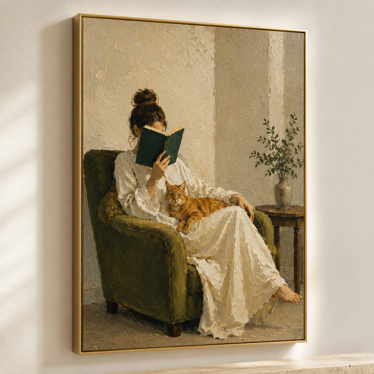 Quiet Afternoon - Woman Reading with Orange Cat Impasto Canvas Wall Art