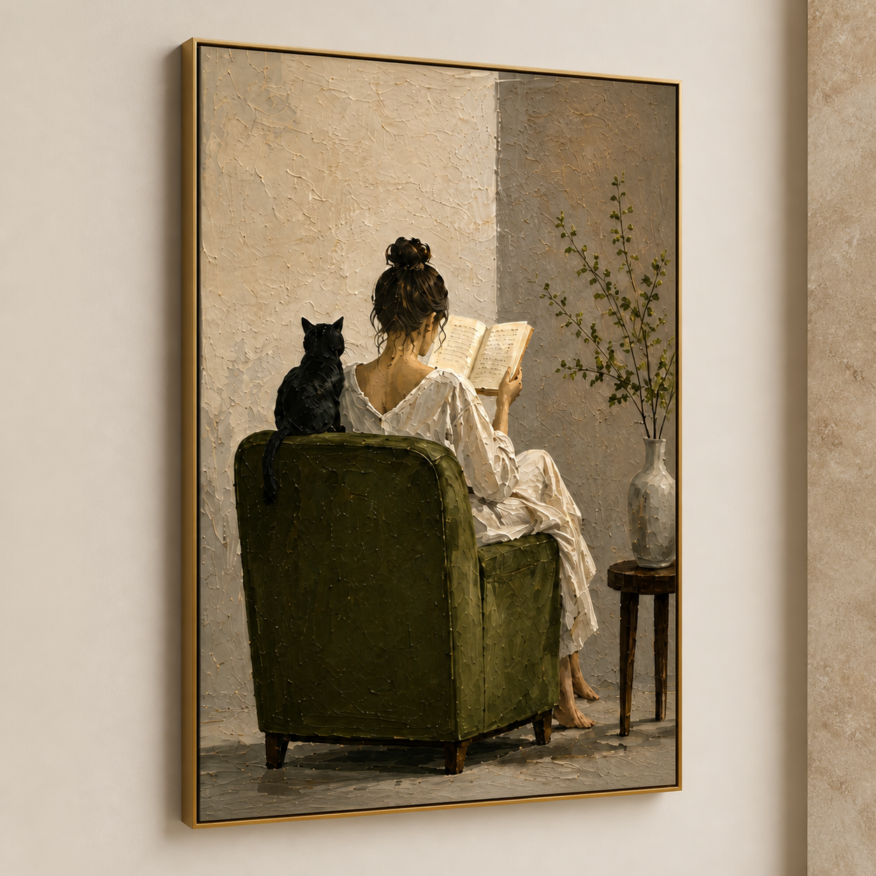 Cozy Nook - Woman Reading in Green Chair with Black Cat Canvas