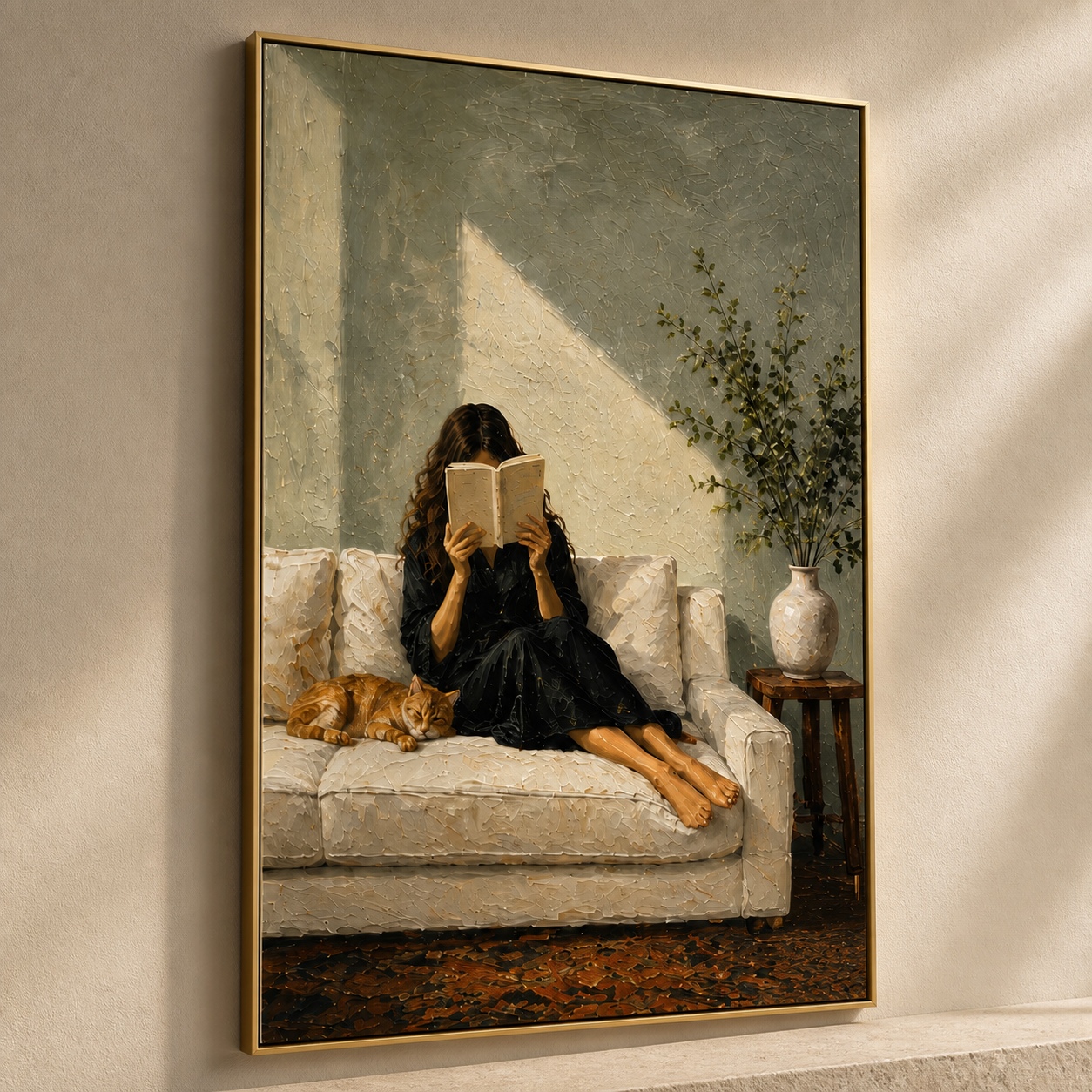 Warm Sunbeam - Woman Reading on Sofa with Sleeping Ginger Cat Canvas