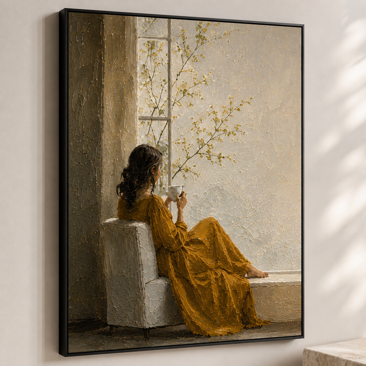 Morning Glow - Woman in Yellow Dress Drinking Tea by Window Canvas
