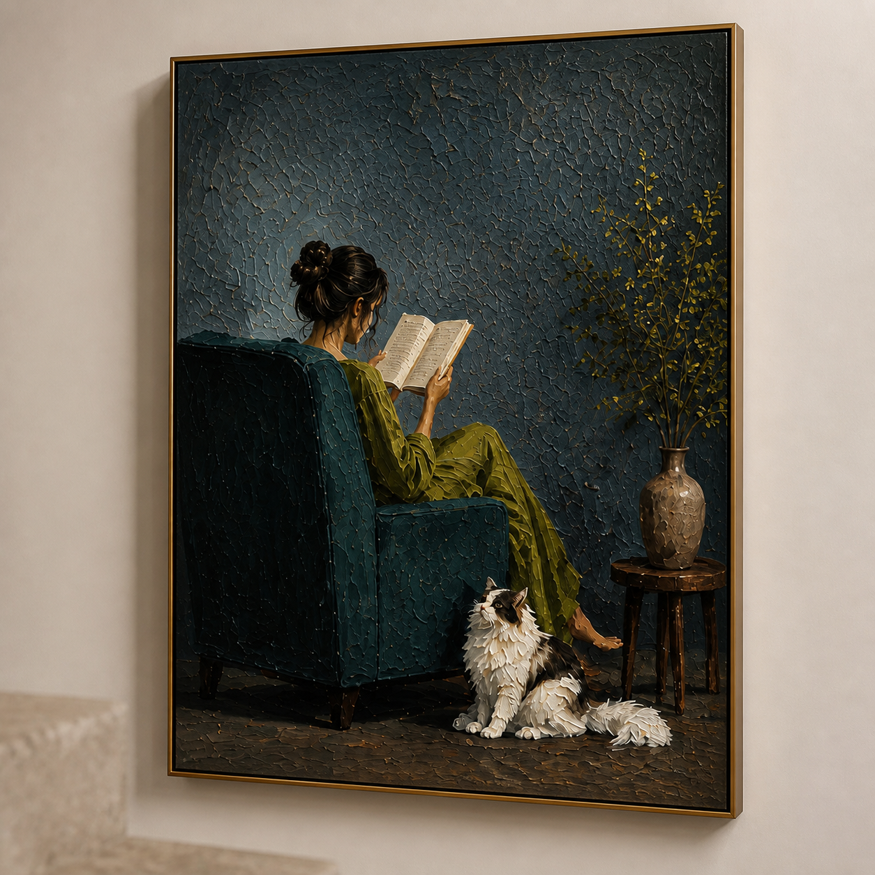 Quiet Harmony - Woman in Green Dress with Fluffy Cat Impasto Canvas