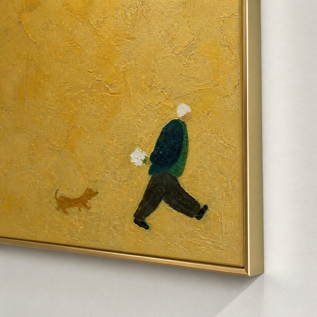 Golden Moment - Man Carrying Flowers with Dog Minimalist Canvas