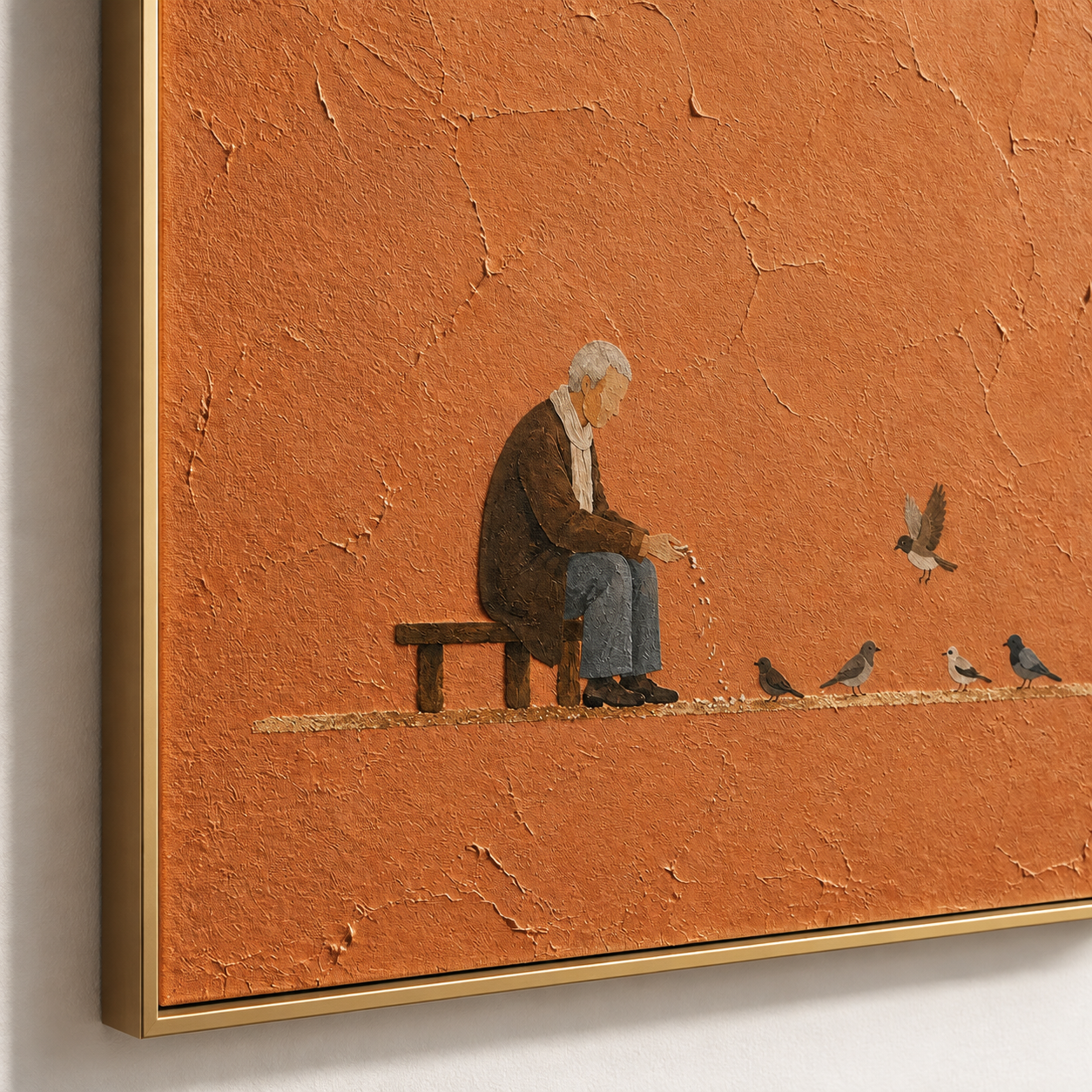 Golden Years - Old Man Feeding Birds Terracotta Impasto Canvas