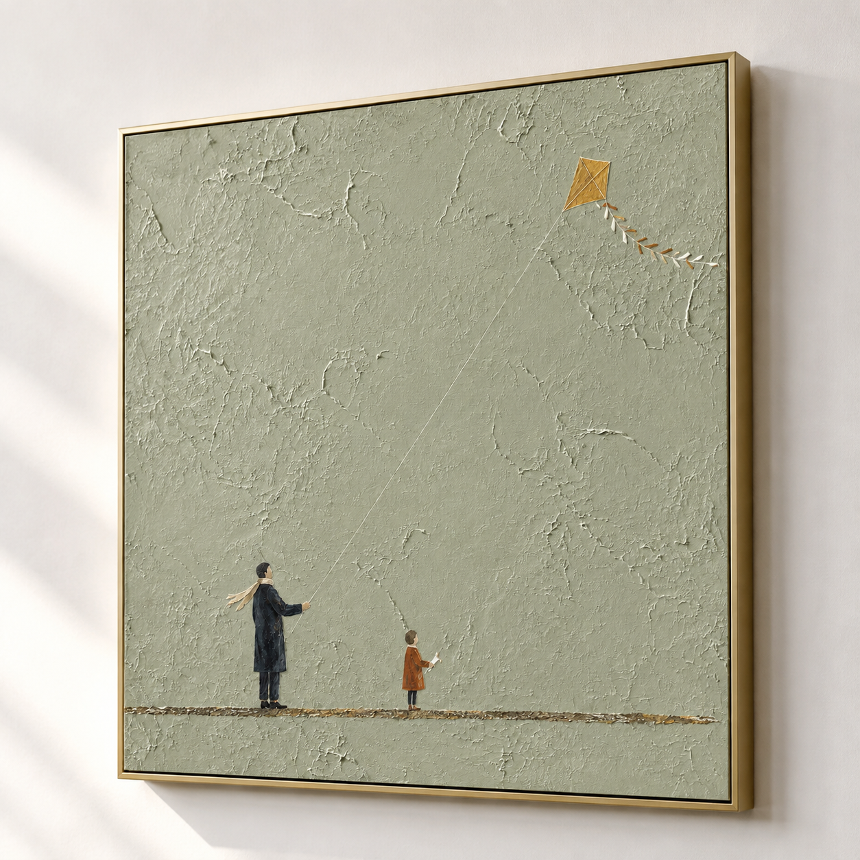 Flying Dreams - Father & Child Flying Kite Sage Green Impasto Canvas