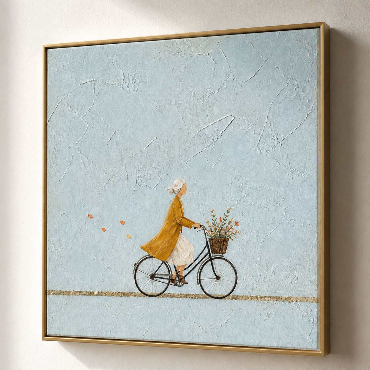 Autumn Breeze - Woman Riding Bicycle with Flowers Sky Blue Canvas