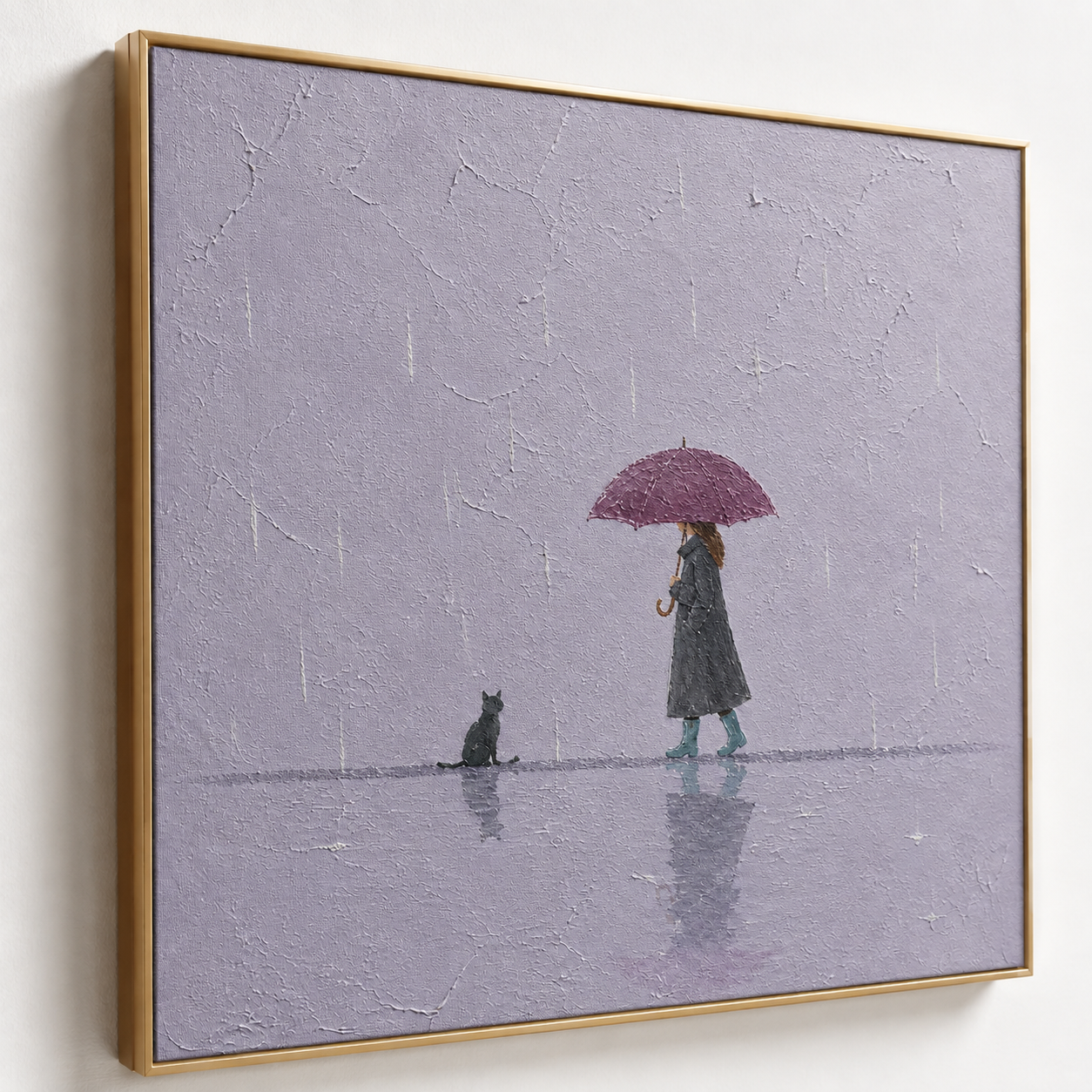 Rainy Serenity - Woman with Umbrella & Black Cat Dusty Purple Canvas