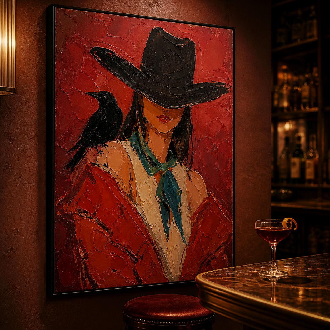 Crimson Shadow - Mysterious Cowgirl & Raven Portrait Textured Painting
