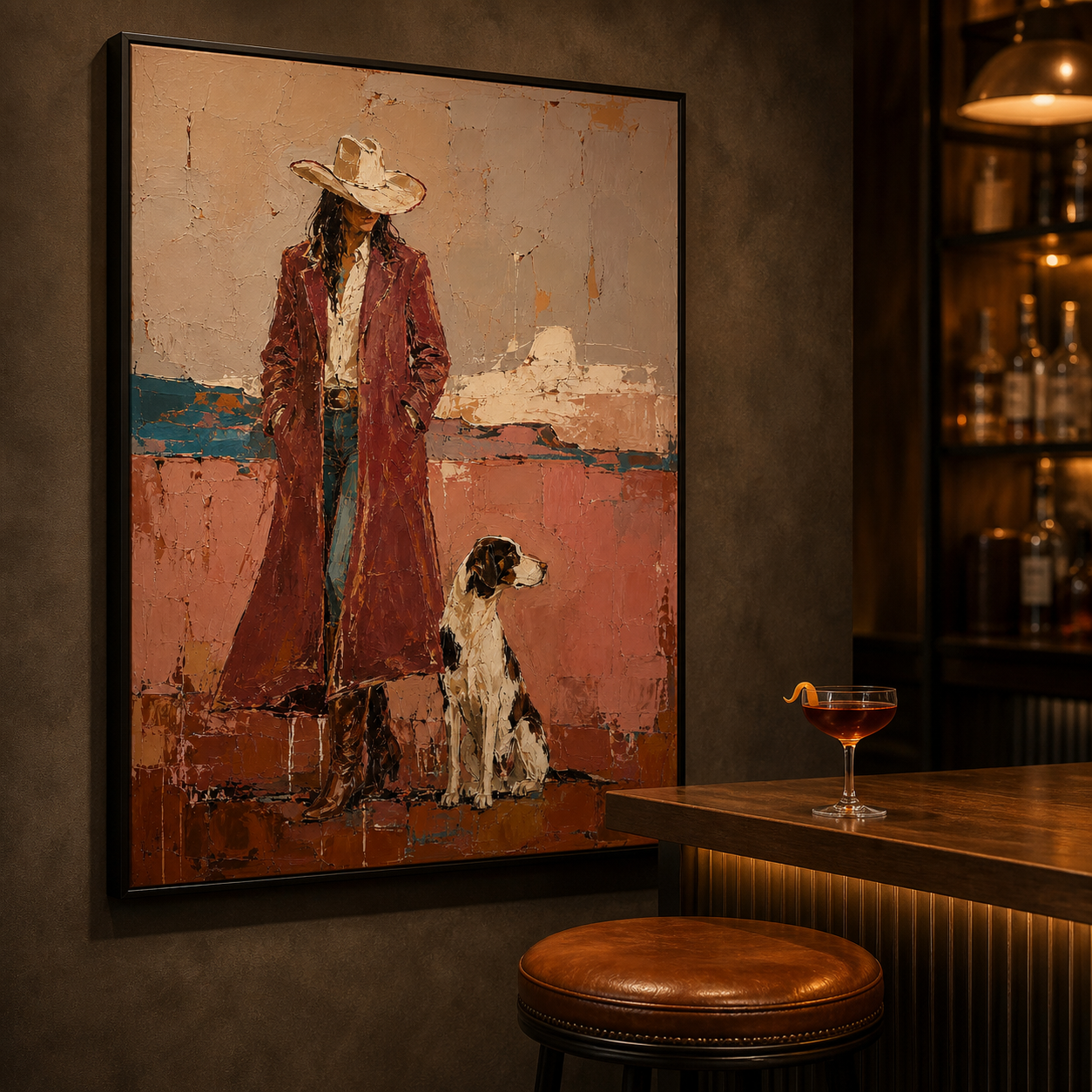 Companions on the Border - Cowgirl & Hound Dog Textured Painting