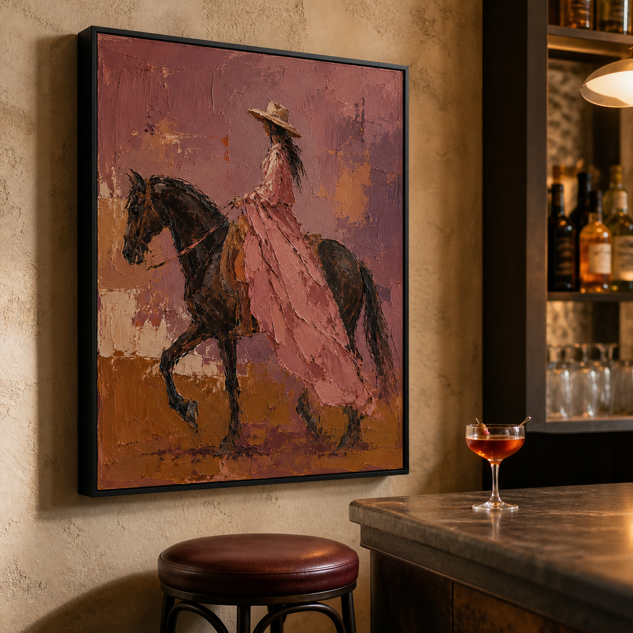 Dusty Rose Gallop - Cowgirl in Pink Dress on Horseback Textured Painting