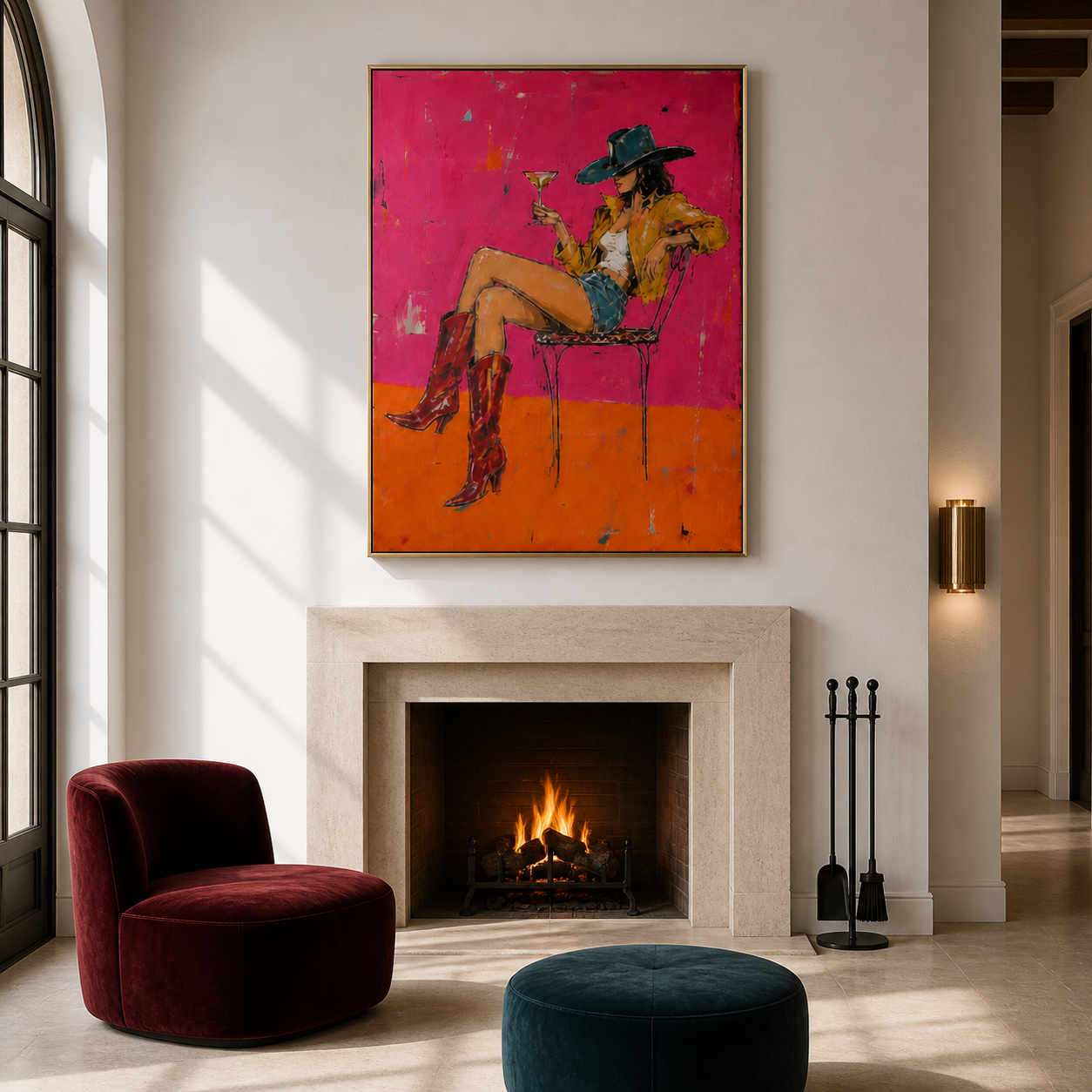 Neon Western Chic - Cowgirl with Cocktail Textured Painting