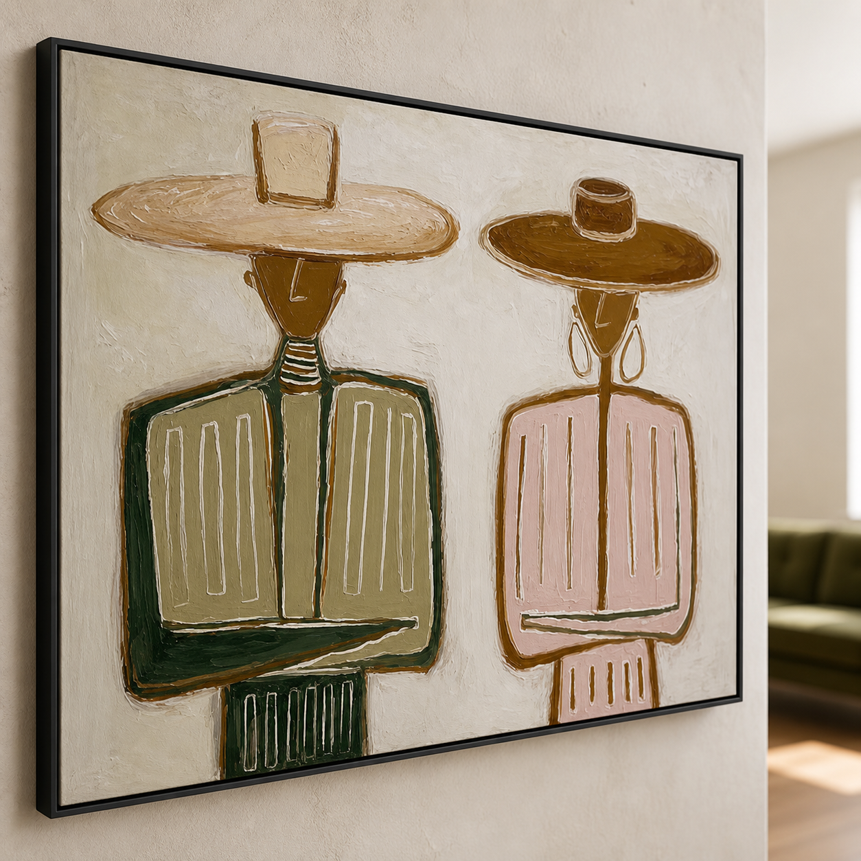 Desert Harmony - Folk Modern Couple in Wide-Brim Hats Canvas Painting