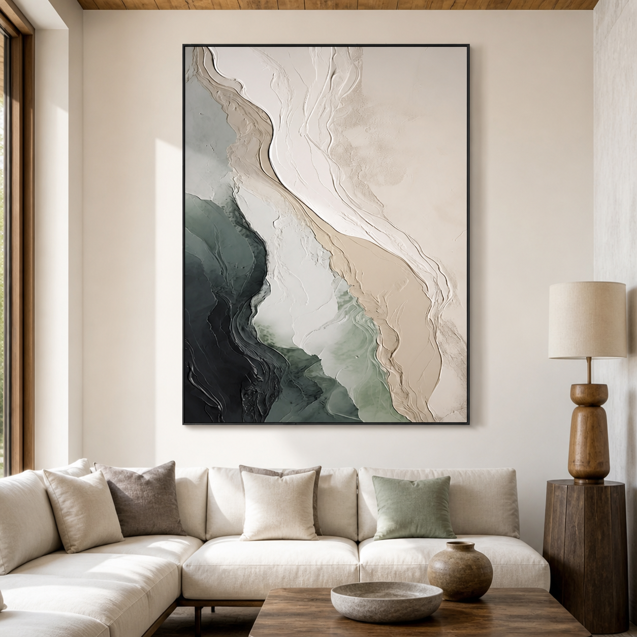 Earth & Ocean - Green & Cream Sculpted Coastal Texture Painting