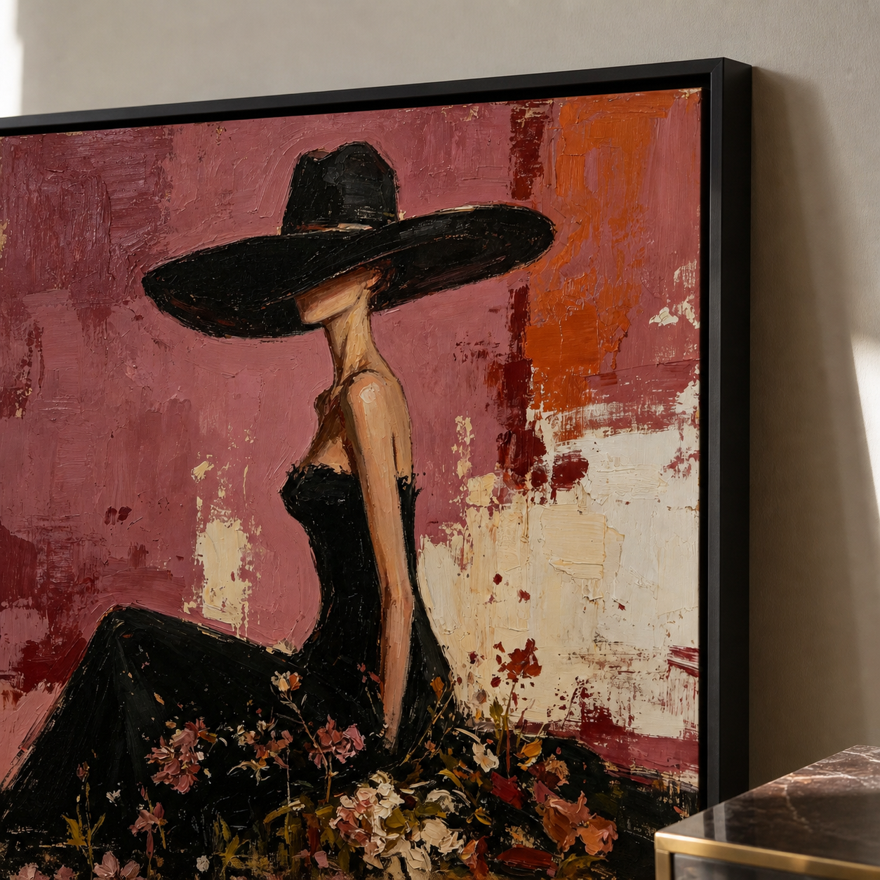 Velvet Night - Elegant Lady in Black Hat & Floral Gown Painting