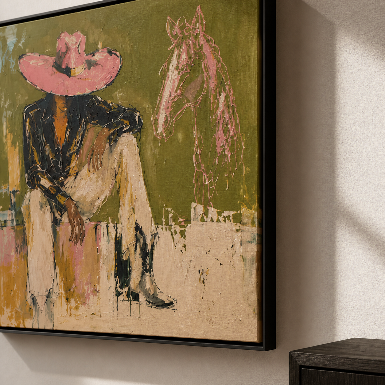 Desert Mirage - Pink Cowboy Hat & Line Art Horse Painting