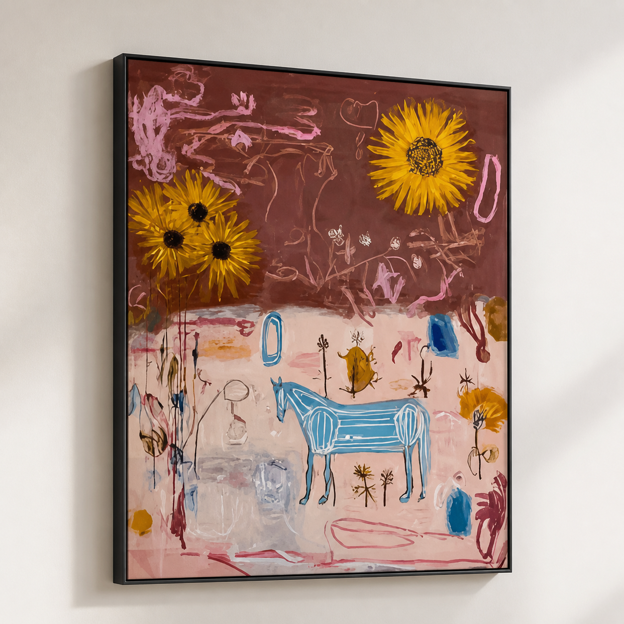 Wild Reverie - Abstract Blue Horse & Sunflower Mixed Media Painting