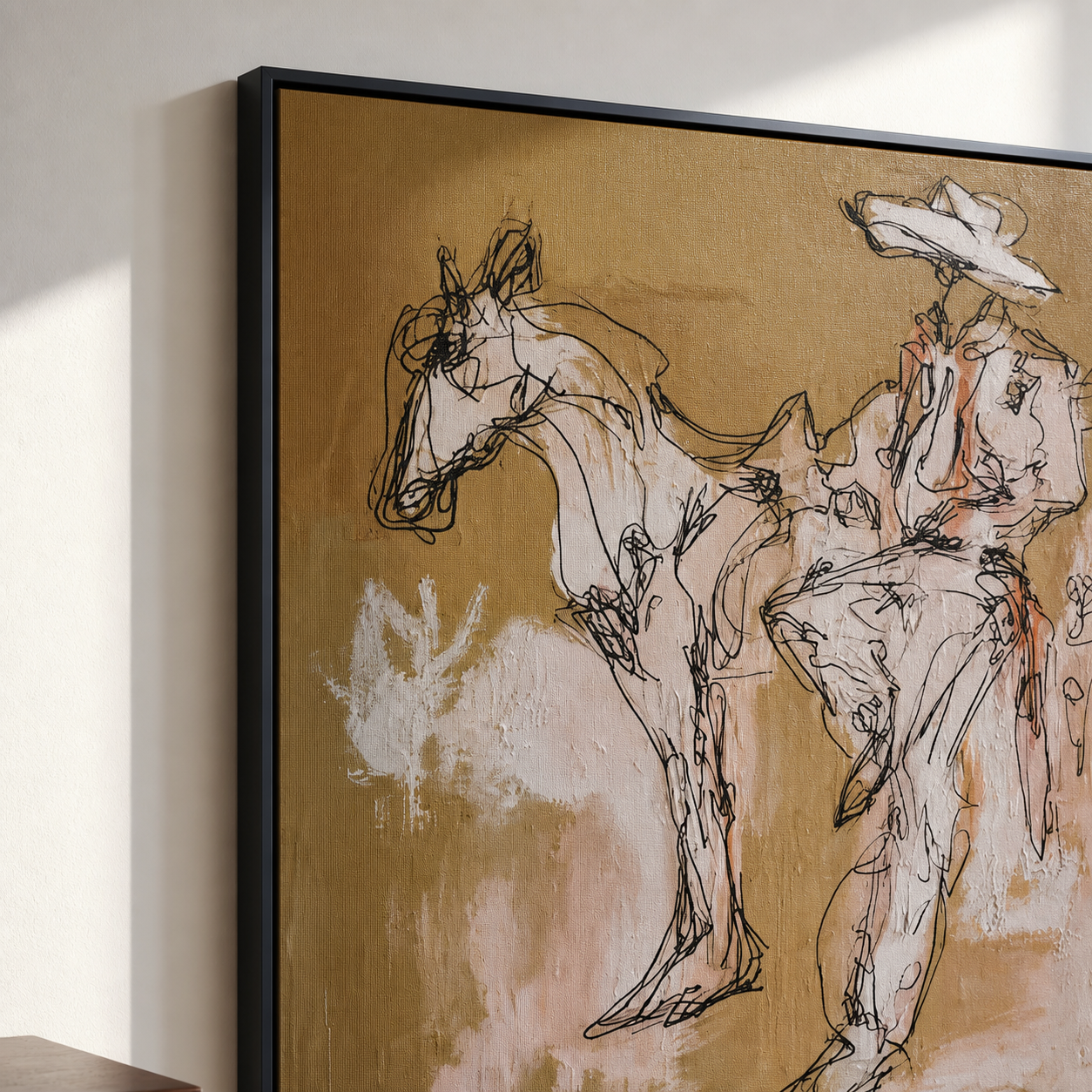 Wild Sketch - Abstract Ochre Horse & Cowboy Painting