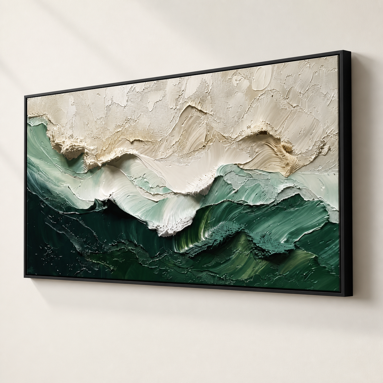 Emerald Tide - Forest Green & Cream Wave Texture Horizon Painting