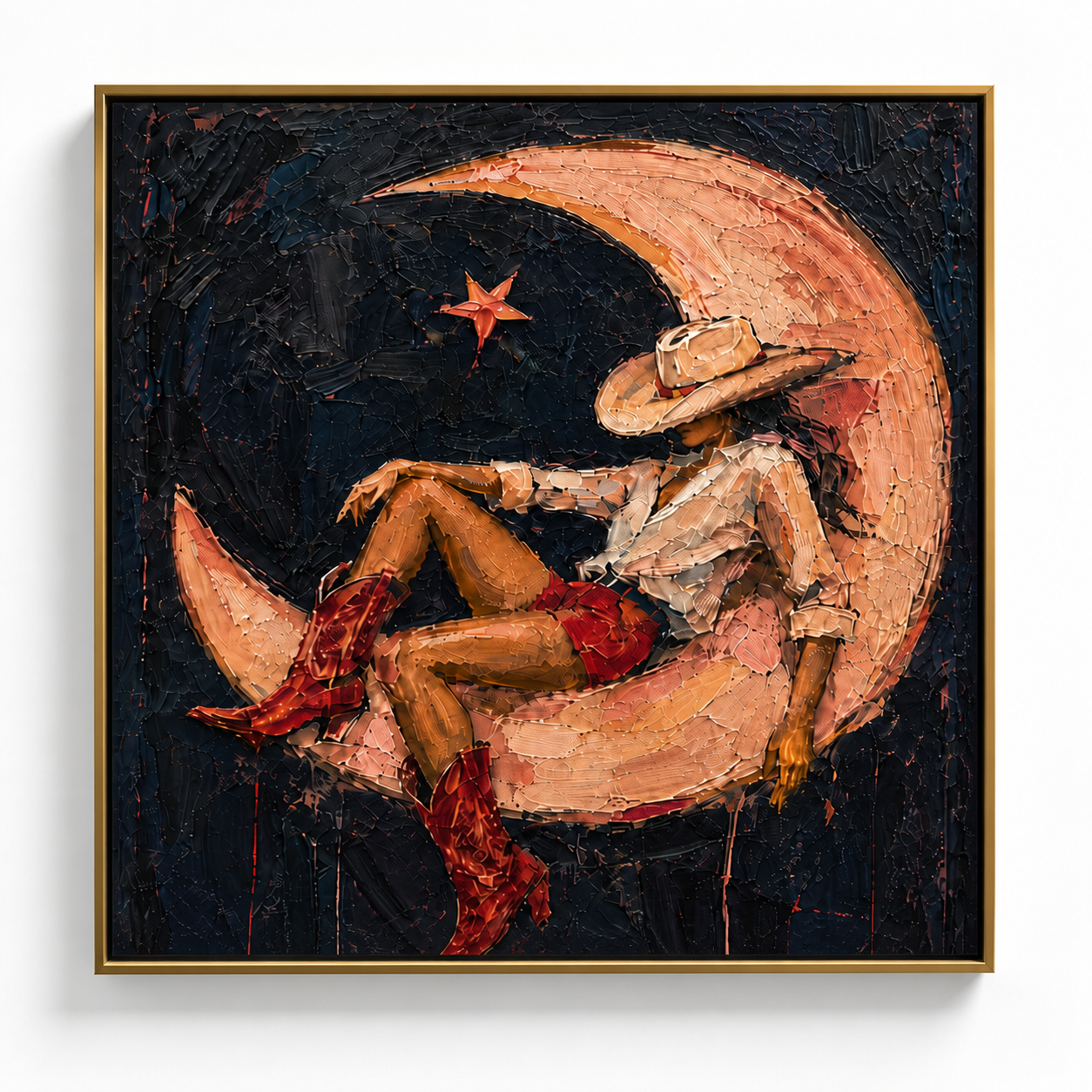 Midnight Crescent Dream - Cowgirl on Crescent Moon Textured Painting
