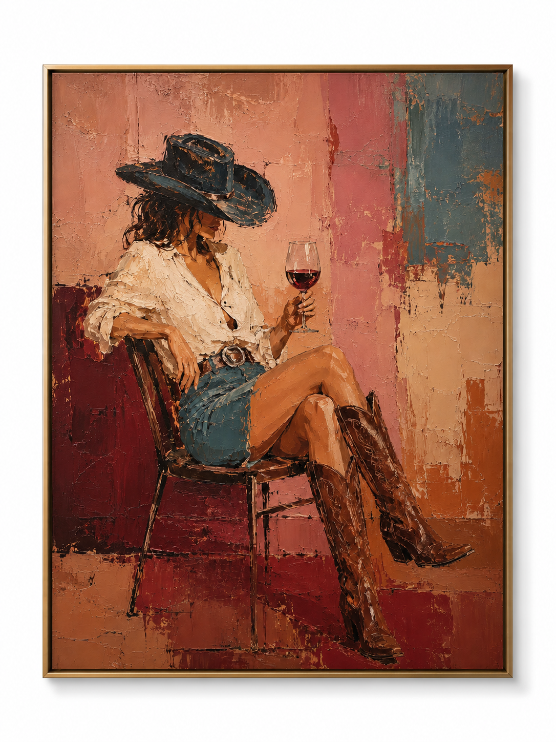 Velvet Twilight - Cowgirl Sipping Wine Textured Painting