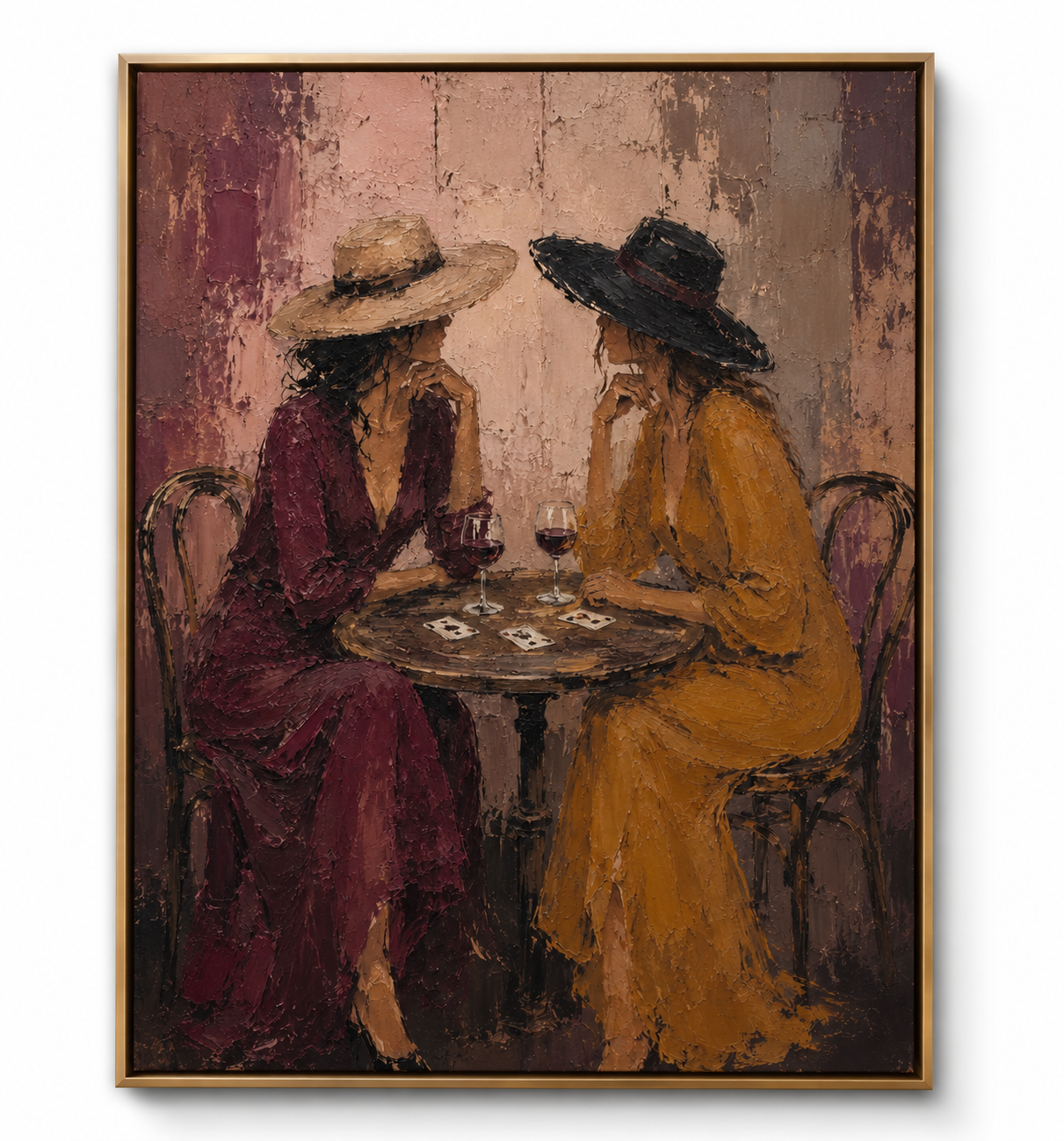 Cards & Cabernet - Two Cowgirls at Cafe Table Textured Painting