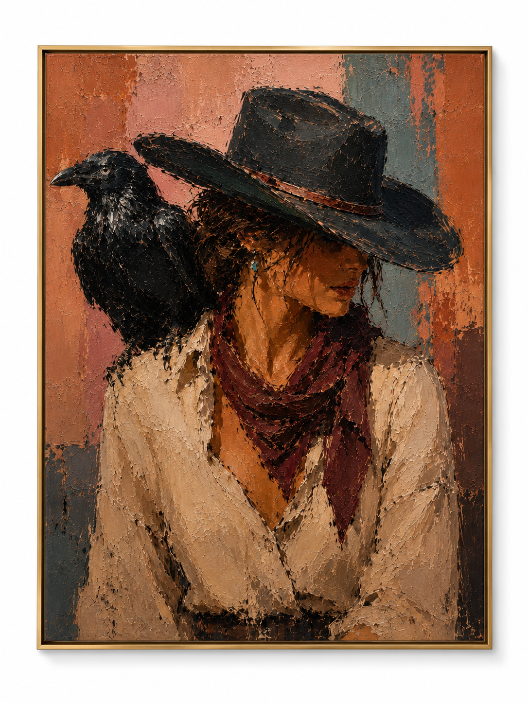Silent Guardian - Cowgirl Close-Up with Raven Textured Painting