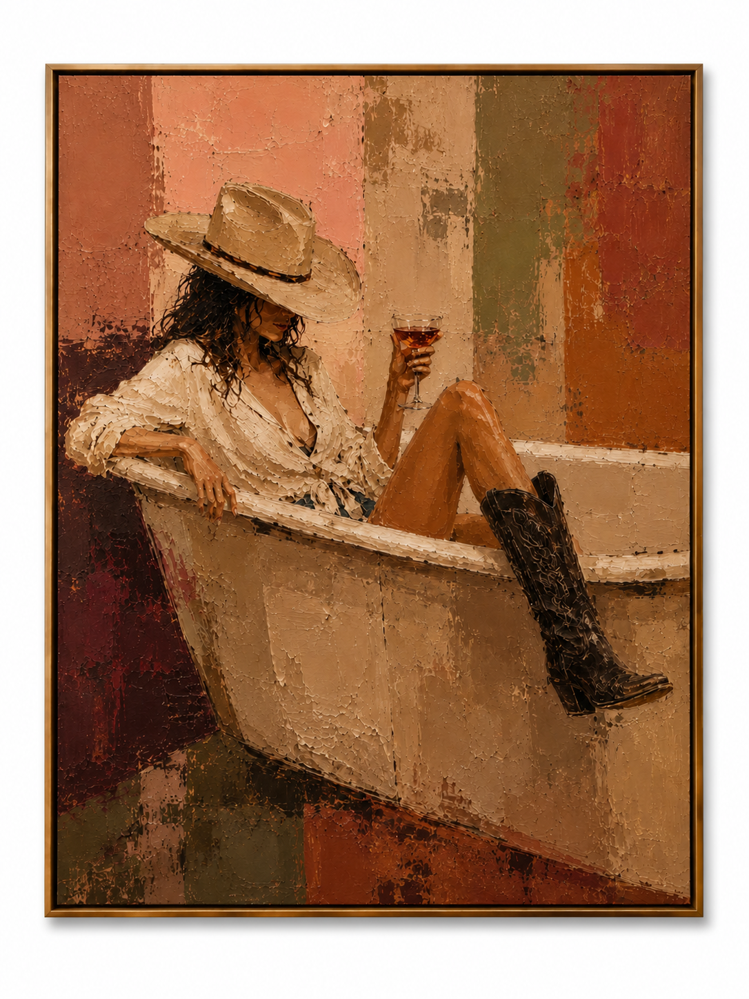 Unwind in Style - Cowgirl in Vintage Bathtub Textured Painting