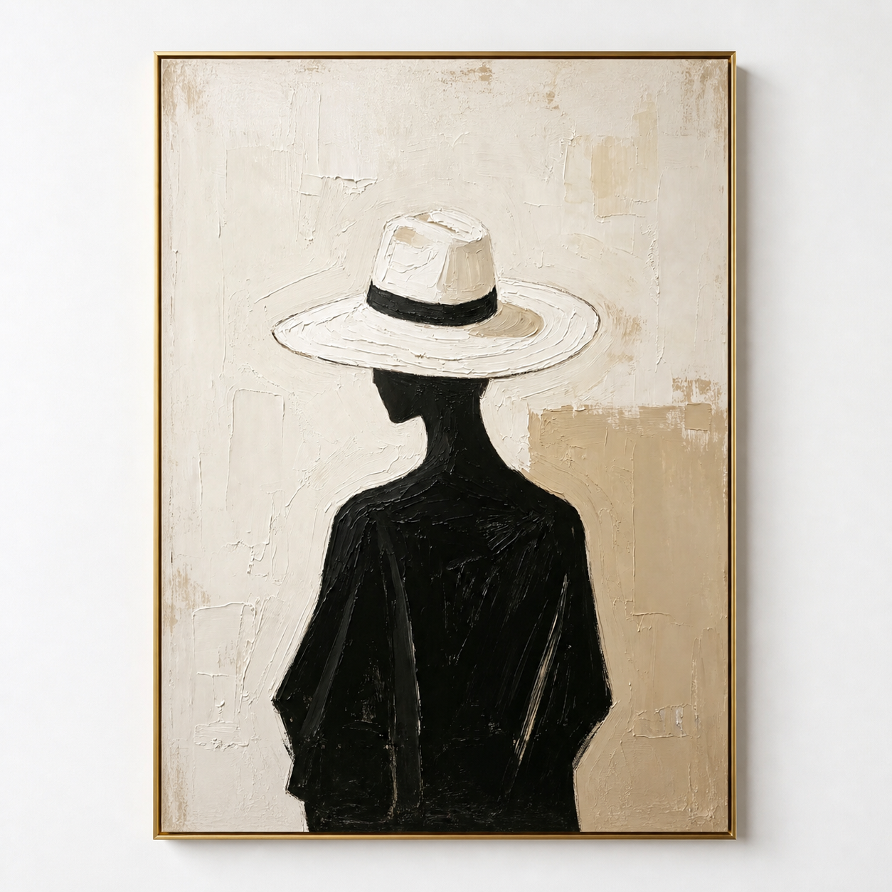 Noir Elegance - Silhouette Woman in White Hat Textured Painting