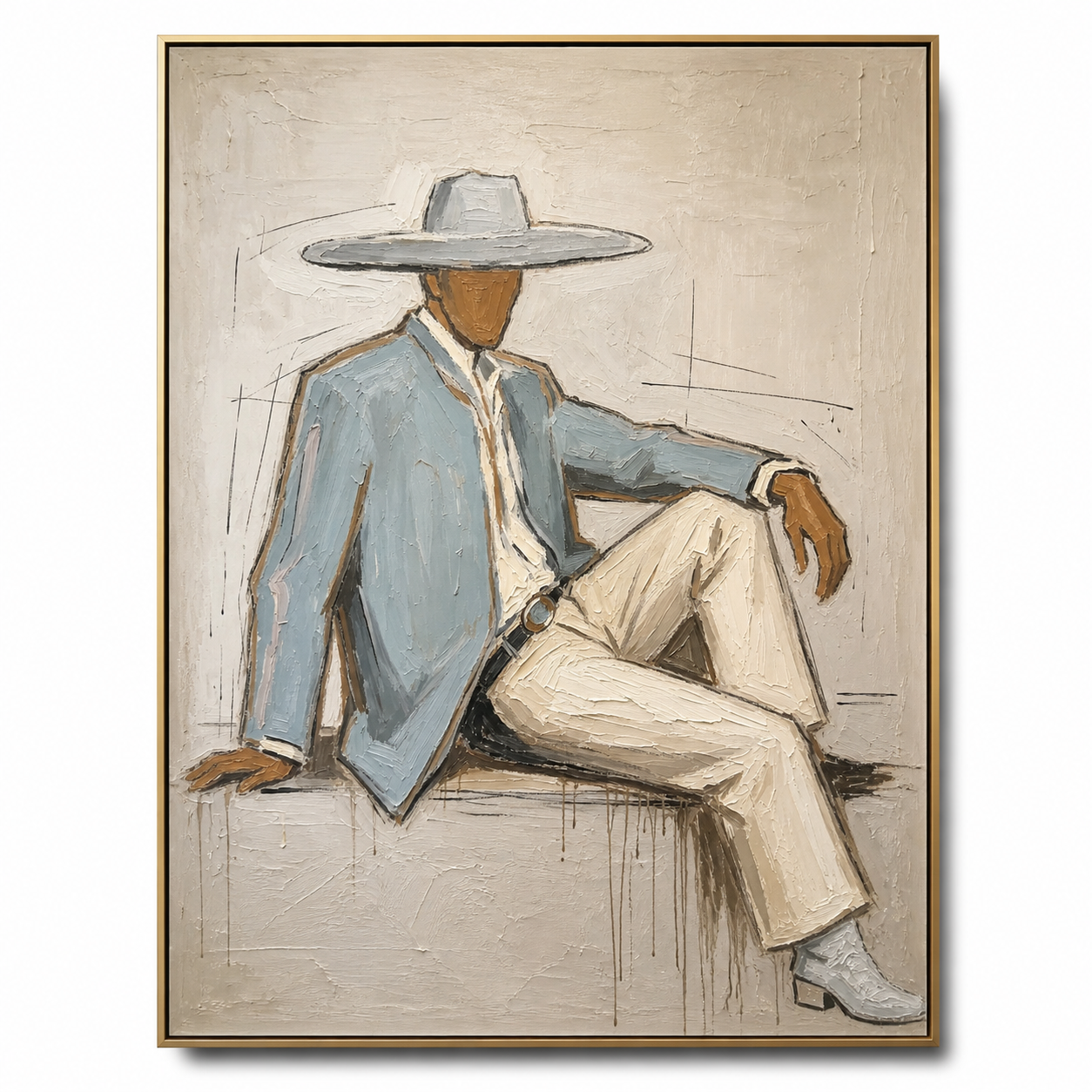 Casual Sophistication - Seated Gentleman in Wide Hat Textured Painting