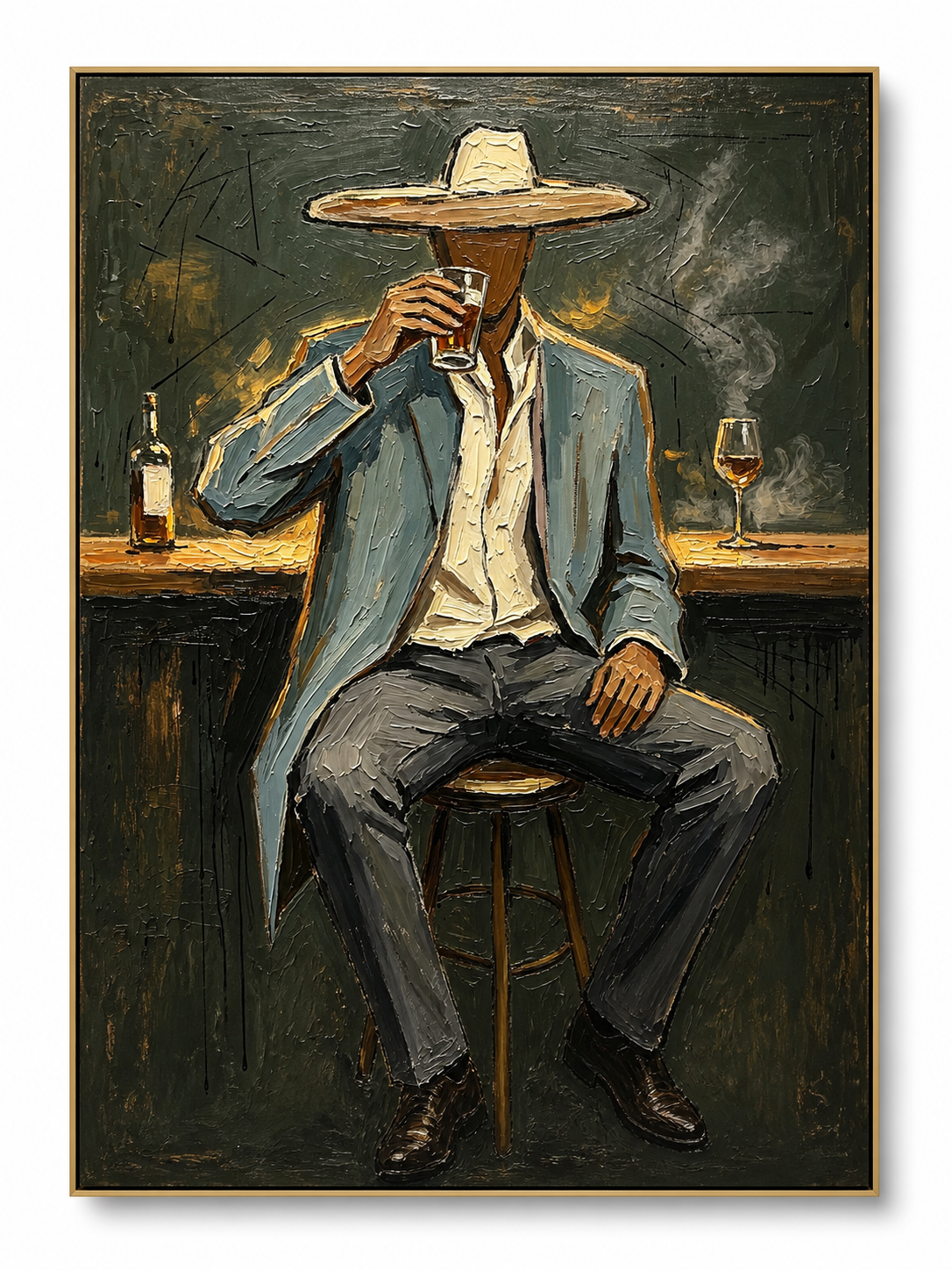 Speakeasy Solitude - Gentleman Drinking at Bar Textured Painting