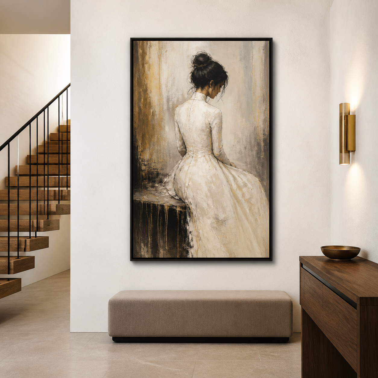 Golden Solitude - Elegant Woman in White Evening Dress Backview Oil Painting