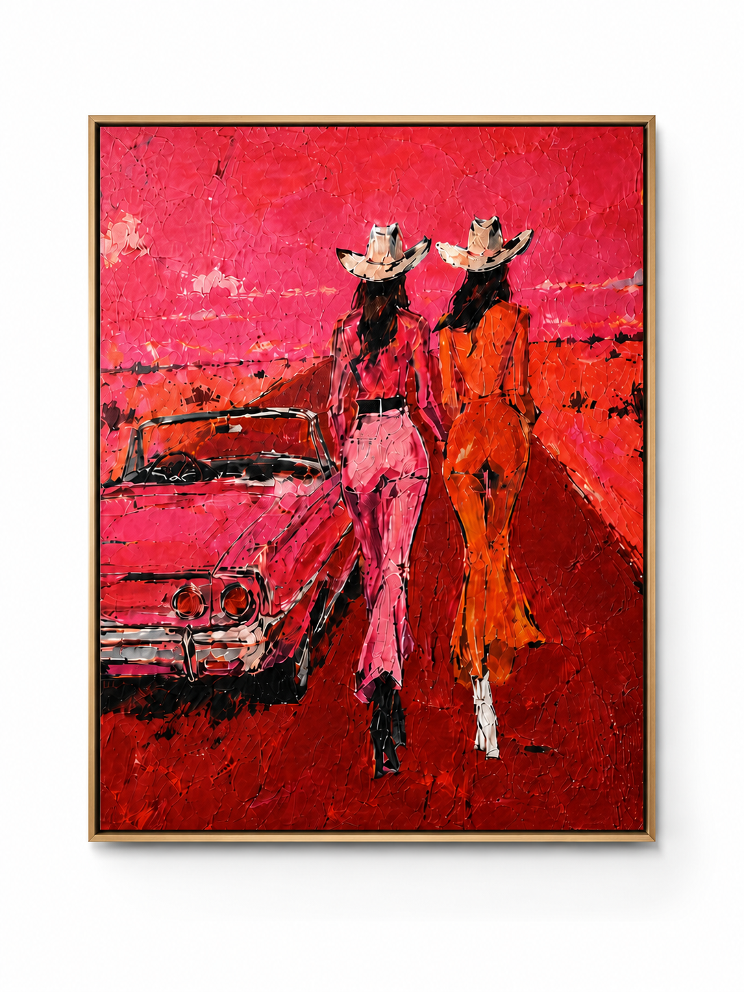 Crimson Highway Escapade - Two Cowgirls & Vintage Convertible Textured Painting